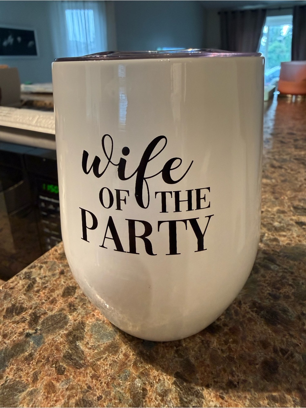 David's Bridal White Stemless Tumbler with Black 'Wife of the Party' Text